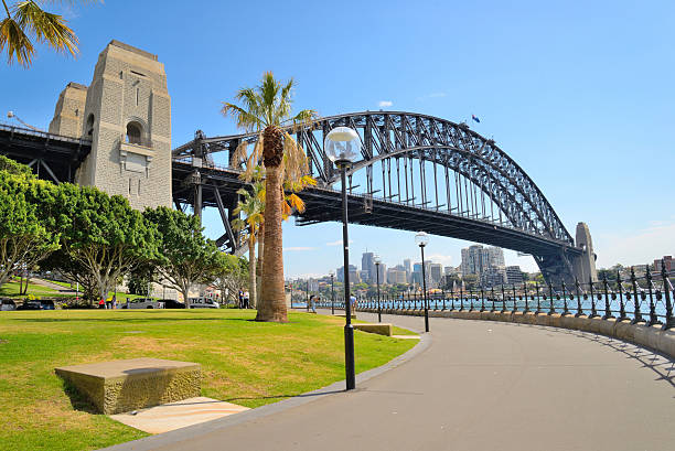 Side view of Sydney Harbour bridge in bright blue sky.